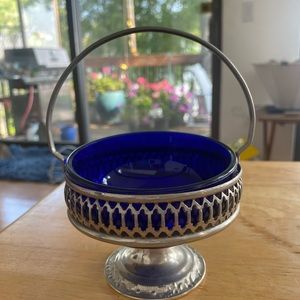 Vintage Cobalt Blue Bowl In Silver-plate Basket. Made in England.